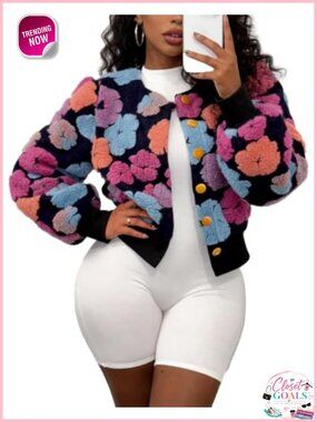 Women's Cropped Fleece Bomber Jacket Floral Print Sherpa Coat
